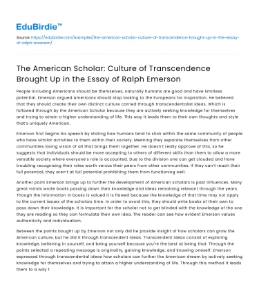 Emerson’s American Scholar: Transcendental Culture
