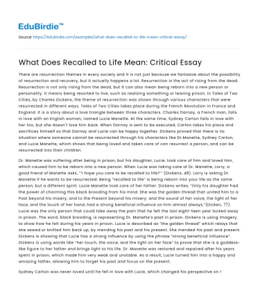 What Does Recalled to Life Mean: Critical Essay