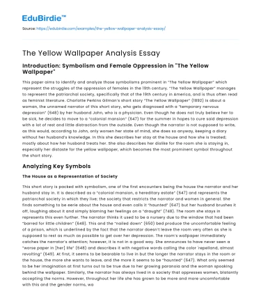 The Yellow Wallpaper Analysis Essay
