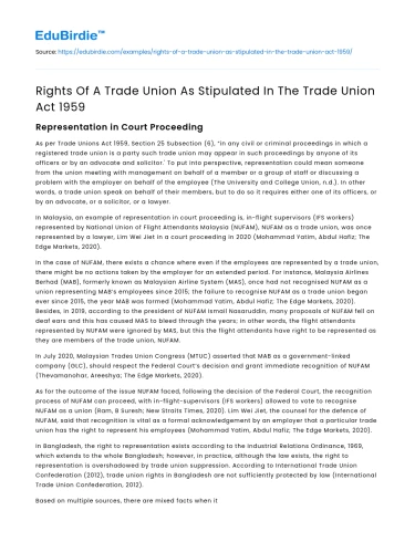 Rights Of A Trade Union As Stipulated In The Trade Union Act 1959