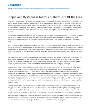 Utopia And Dystopia In Today’s Culture: Lord Of The Flies