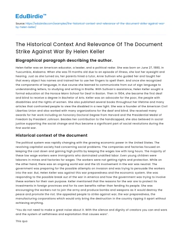 Historical Context & Relevance of “Strike Against War” by Helen Keller