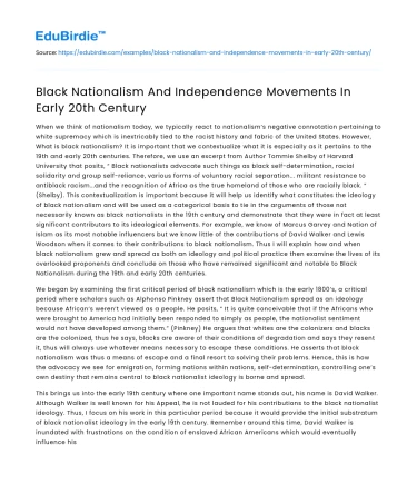 Black Nationalism And Independence Movements In Early 20th Century