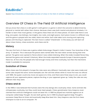 Overview Of Chess In The Field Of Artificial Intelligence