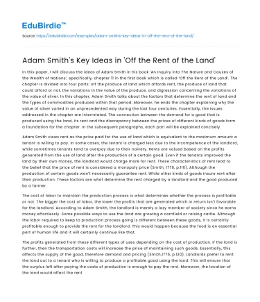 Adam Smith’s Key Ideas in ‘Off the Rent of the Land’
