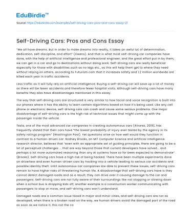 Self-Driving Cars: Pros and Cons Essay