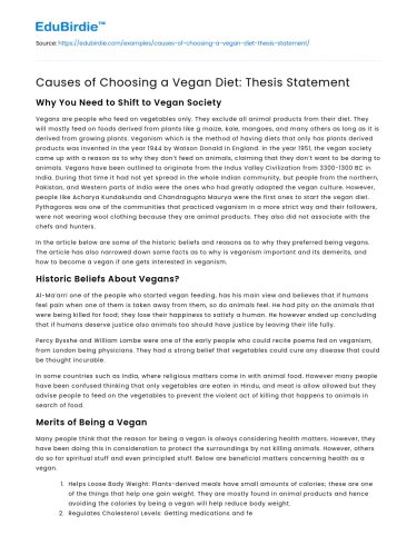Causes of Choosing a Vegan Diet: Thesis Statement
