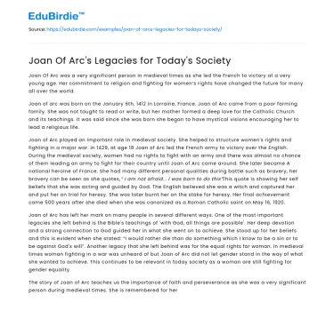 Joan Of Arc’s Legacies for Today’s Society