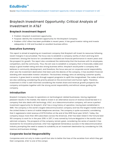 Braytech Investment Opportunity: Critical Analysis of Investment in AT&T