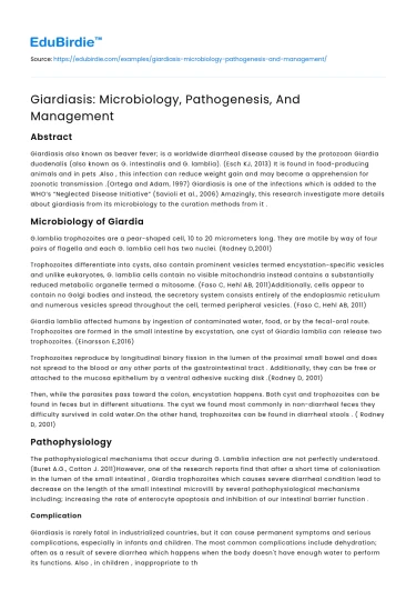 Giardiasis: Microbiology, Pathogenesis, And Management