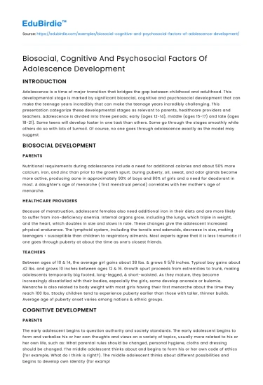 Biosocial, Cognitive And Psychosocial Factors Of Adolescence Development
