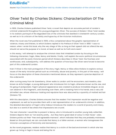Oliver Twist By Charles Dickens: Characterization Of The Criminal Mind