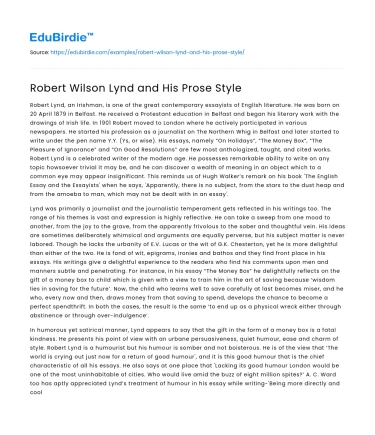 Robert Wilson Lynd and His Prose Style