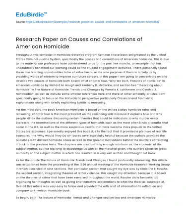 Research Paper on Causes and Correlations of American Homicide