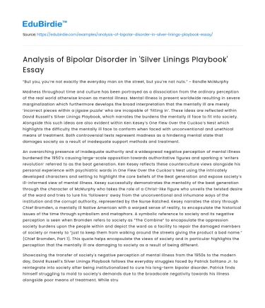 Analysis of Bipolar Disorder in ‘Silver Linings Playbook’ Essay