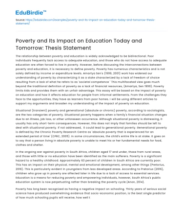 Poverty and Its Impact on Education Today and Tomorrow: Thesis Statement