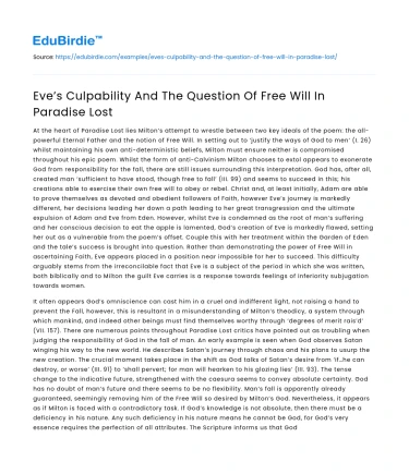 Eve’s Culpability And The Question Of Free Will In Paradise Lost