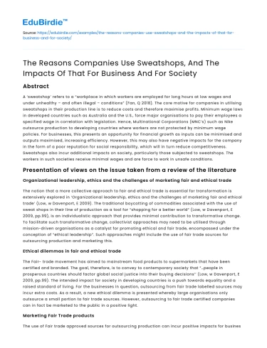 Impacts of Companies Using Sweatshops on Business and Society