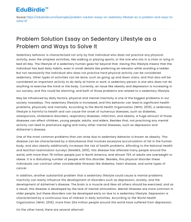 Health Problems and Solutions: Sedentary Lifestyle