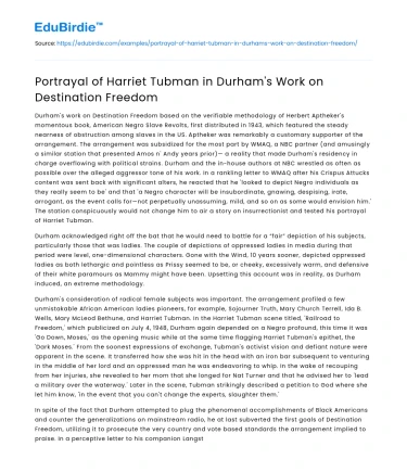 Portrayal of Harriet Tubman in Durham’s Work on Destination Freedom
