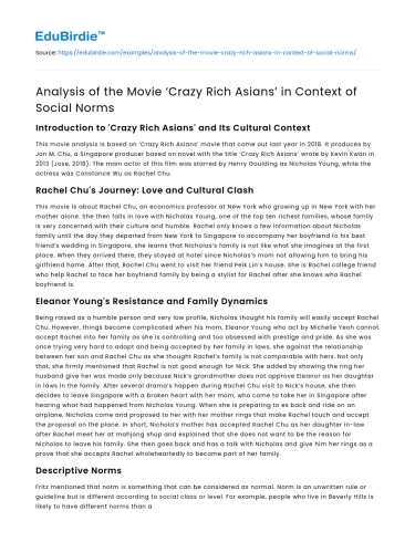 Analysis of the Movie ‘Crazy Rich Asians’ in Context of Social Norms