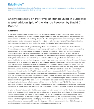 Sundiata: Analyzing Mansa Musa by David C Conrad