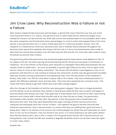 Jim Crow Laws: Why Reconstruction Was a Failure or not a Failure