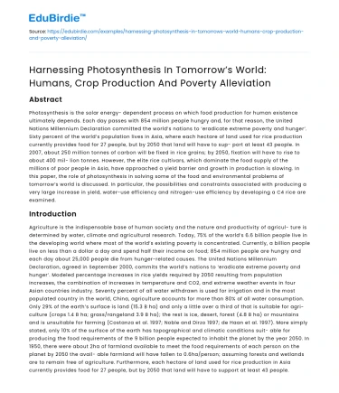 Harnessing Photosynthesis for Crop Production and Poverty Alleviation