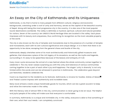 An Essay on the City of Kathmandu and Its Uniqueness