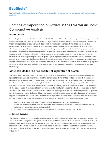 Separation of Powers in USA vs India: Comparative Analysis