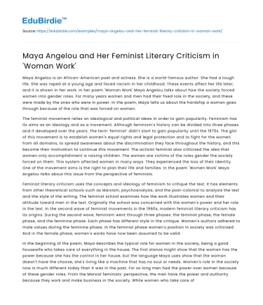Maya Angelou and Her Feminist Literary Criticism in ‘Woman Work’