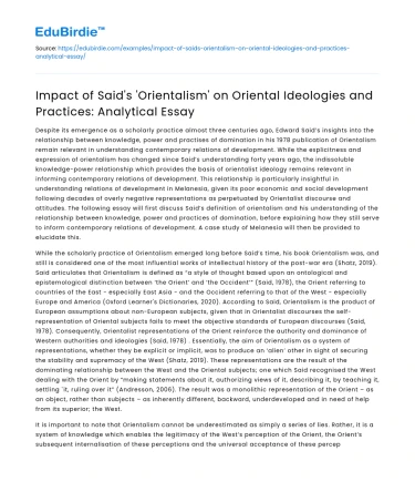 Impact of Said’s ‘Orientalism’ on Ideologies and Practices: Analysis