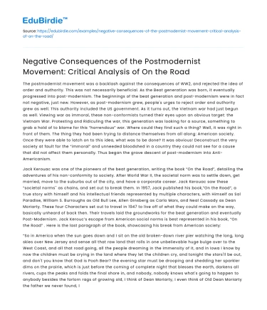 Postmodernist Movement’s Negative Impact on On the Road