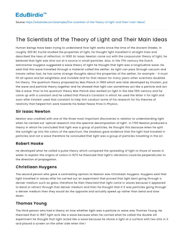 The Scientists of the Theory of Light and Their Main Ideas