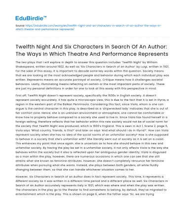 Theatrical Innovation in Twelfth Night and Six Characters