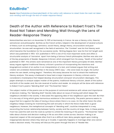 Death of the Author: Reader-Response to Frost’s The Road Not Taken