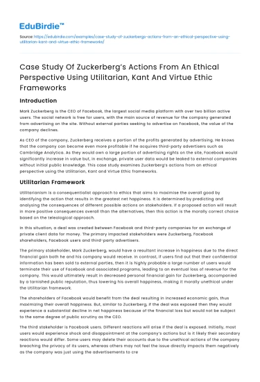 Zuckerberg’s Ethics: Utilitarian, Kant, Virtue Frameworks