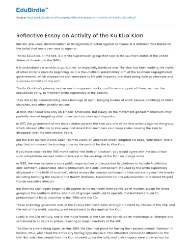 Reflective Essay on Activity of the Ku Klux Klan