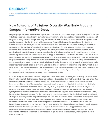 Tolerance of Religious Diversity in Early Modern Europe