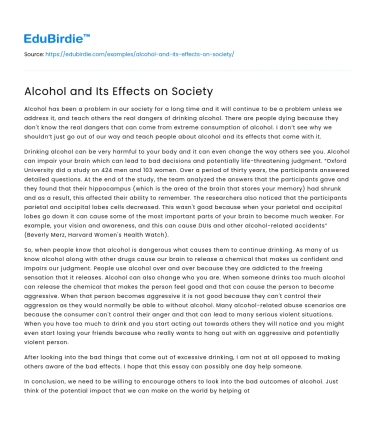Alcohol and Its Effects on Society