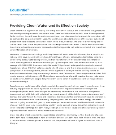 Providing Clean Water and Its Effect on Society