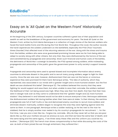 Essay on Is ‘All Quiet on the Western Front’ Historically Accurate