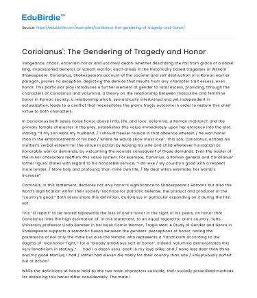 Coriolanus’: The Gendering of Tragedy and Honor