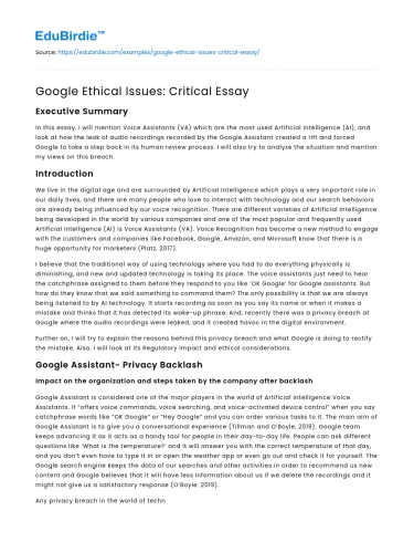 Google Ethical Issues: Critical Essay