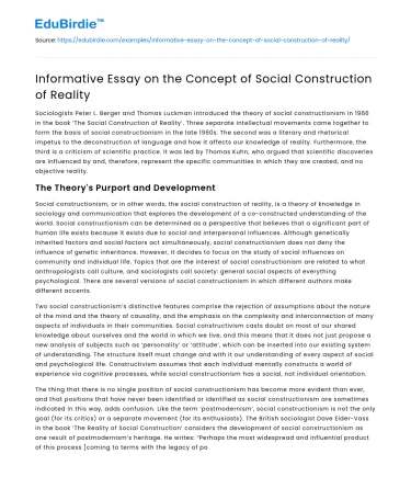 Informative Essay on the Concept of Social Construction of Reality