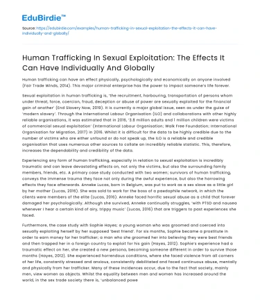 Effects of Human Trafficking in Sexual Exploitation: Global Impact