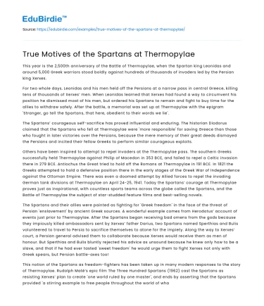 True Motives of the Spartans at Thermopylae