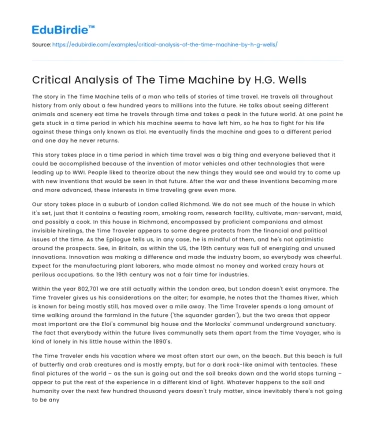 Critical Analysis of The Time Machine by H.G. Wells