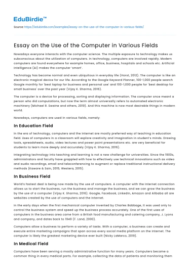 Essay on the Use of the Computer in Various Fields