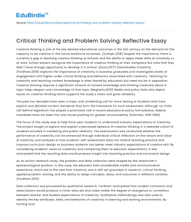Critical Thinking and Problem Solving: Reflective Essay